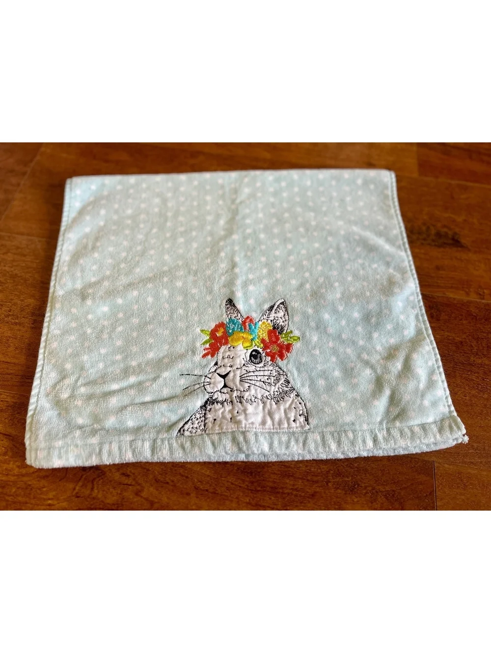 Light Blue Polka Dot Towel with Embroidered Rabbit and Floral Crown
